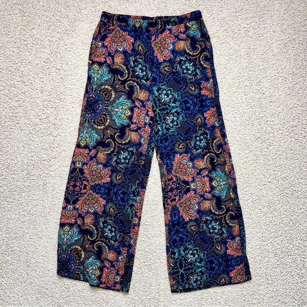 H&M Wide Leg Palazzo Pants Pull On Floral Paisley Blue Multi Color Size 6